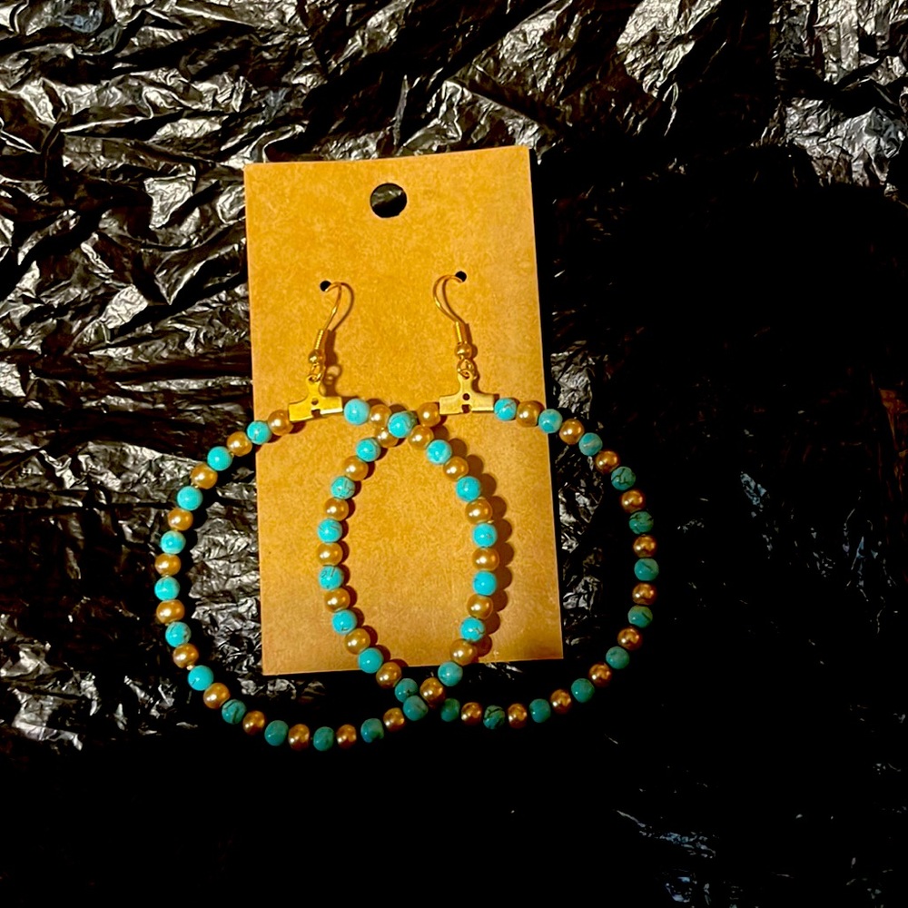 BoHo Style large round Beaded Turquoise and Pearls earrings
